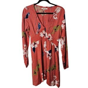 Rip Curl M Floral Long Sleeve Mini Dress V-Neck Cotton Blend‎ Babydoll Tropical